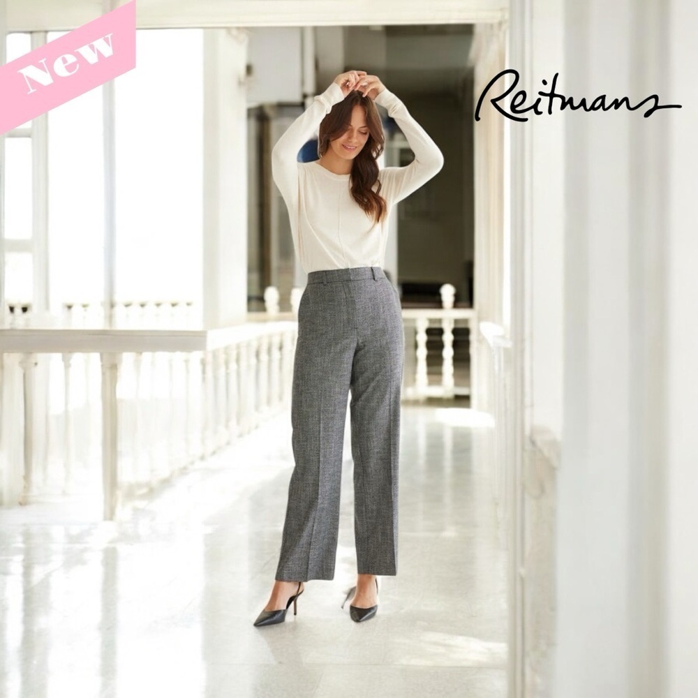 Reitmans, Straight-Leg High-Rise Textured Pant - Petite, 22W, Gray